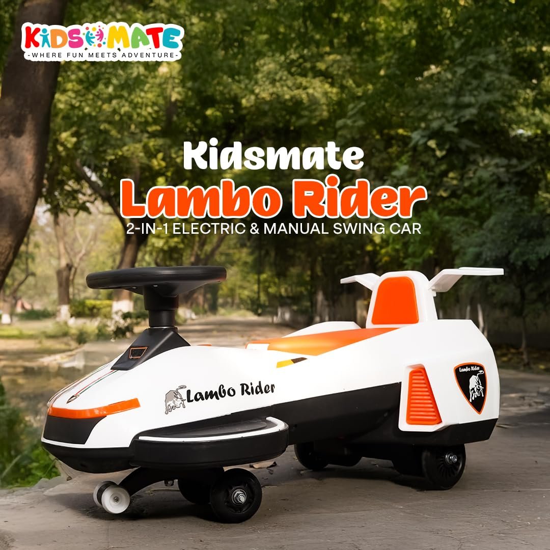 Kidsmate Lambo Rider 2-in-1 Electric & Manual Swing Car | Battery-Operated Ride-On for Kids 1-4 Years | LED Lights, Music & Smooth PU Wheels for Endless Fun - White - Image 3