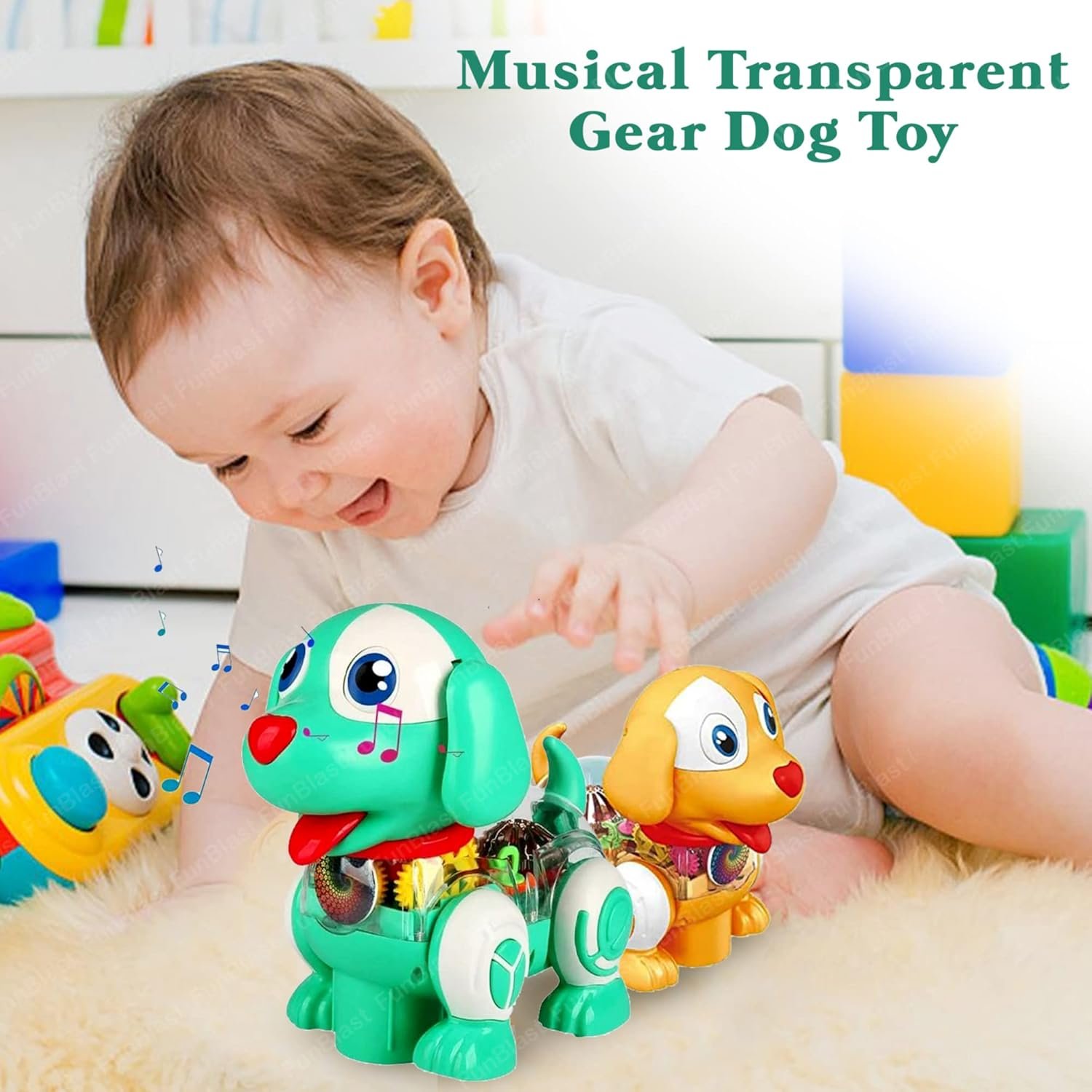 FunBlast Dog Toys for Kids – Musical Transparent Gear Dog Toy, 360 Degree Rotating Puppy Toy with Flashing Light & Sound, Musical Jumping Dog Toy for 3+ Years Kids, Boys (Green) - Image 5