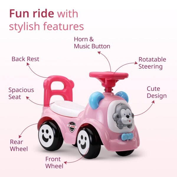 LuvLap Sunny Ride on & Car for Kids with Music & Horn Steering, Push Car for Baby with Backrest, Safety Guard, Under Seat Storage & Big Wheels, Ride on for Kids 1 to 3 Years Upto 25 Kgs (Pink) - Image 3