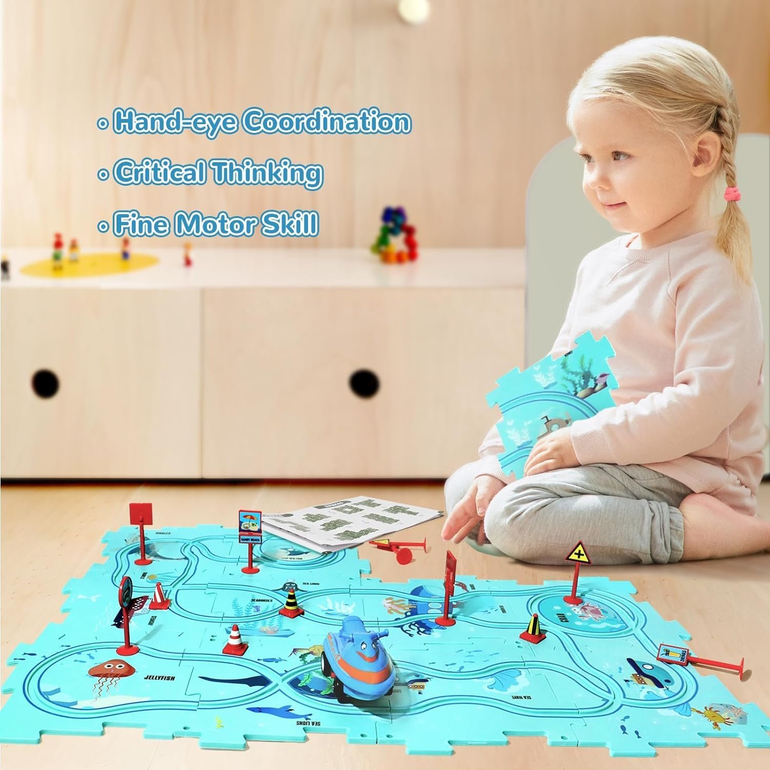 Car Puzzle Track Set for Kids with A Cute Vehicle Toddler Puzzle Track Play Set- Critical Thinking Educational Toys for 3-5 Year Old Boys Girls (Ocean 25 Pcs) - Image 6