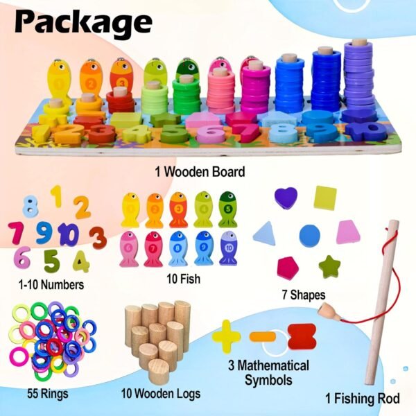 WISHKEY Wooden 6 in 1 Multifunctional Learning Board Puzzle, Numbers, Shapes, Fishing Game, Stacking, Montessori Game Educational Toys for Kids, Multicolour, 3+ Years (Pack of 1) - Image 5
