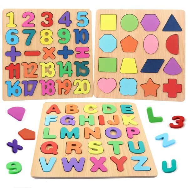 GenericBrands Wooden Alphabet Number Shape Puzzles, 3 in 1, 71 Pieces, 3 Sets, 2-6 Years Old, Beginner, Knob and Pegged, Rustic-Educational