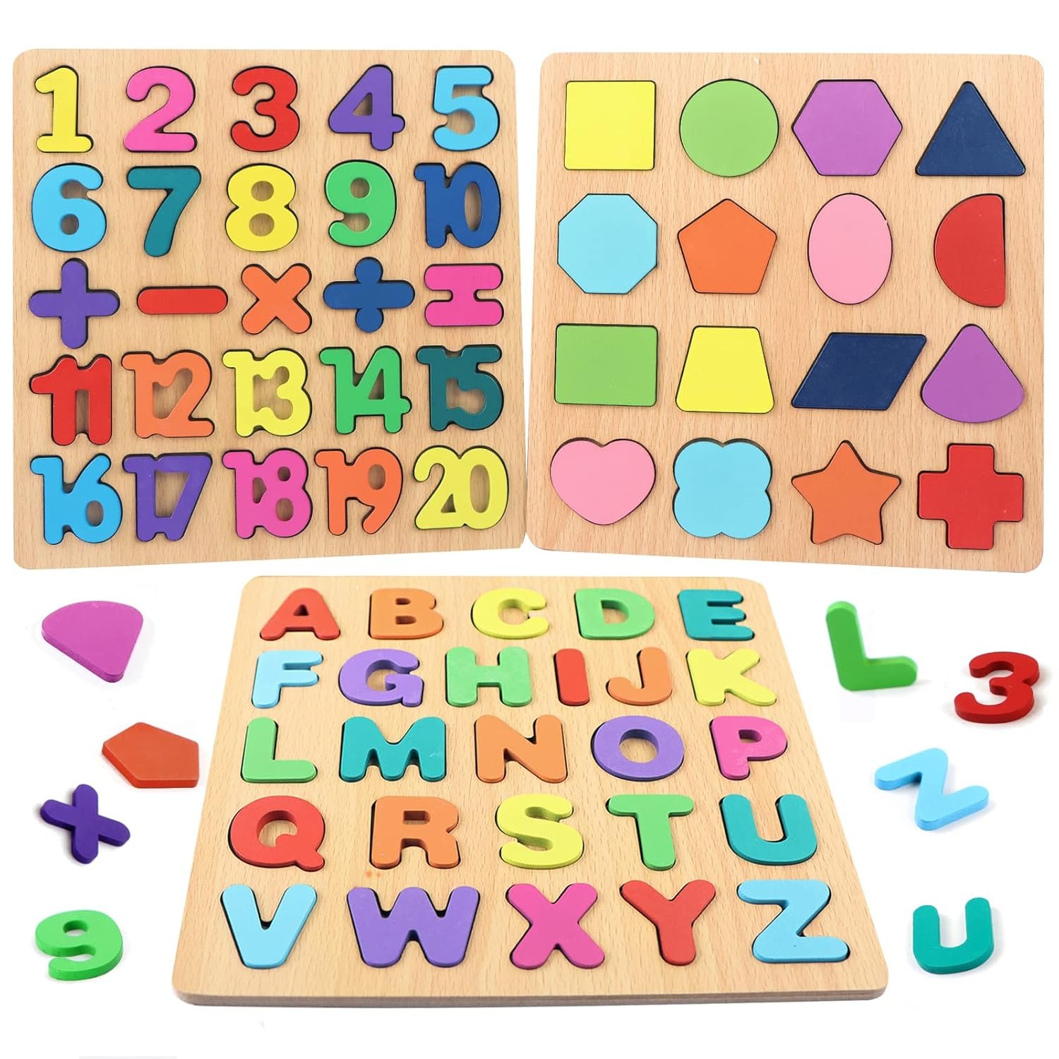 GenericBrands Wooden Alphabet Number Shape Puzzles, 3 in 1, 71 Pieces, 3 Sets, 2-6 Years Old, Beginner, Knob and Pegged, Rustic-Educational
