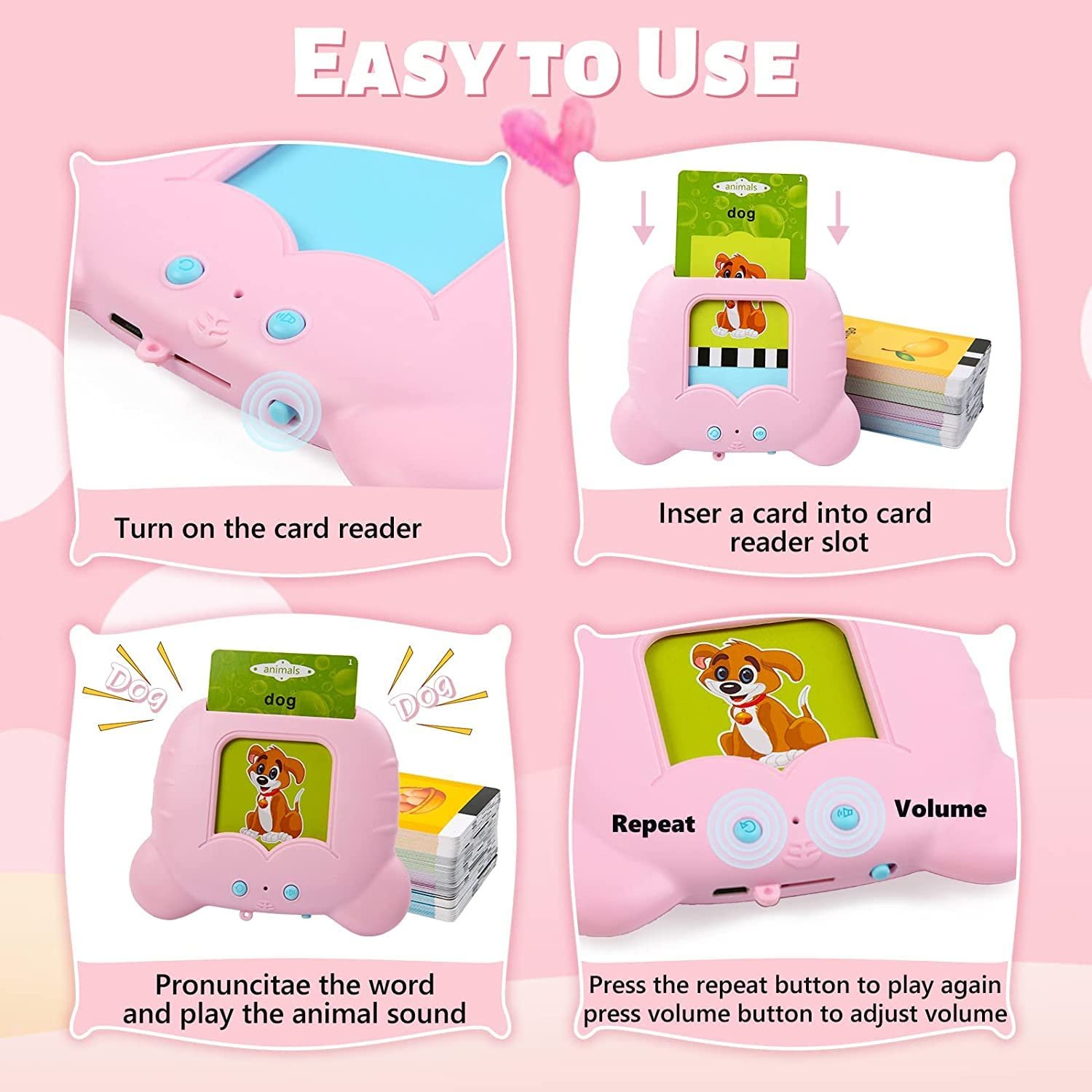 FunBlast Talking Flash Cards for Kids, Learning Toys for Kids, English Flash Cards, Montessori Educational Toys for 2-4 Year Old Boys, Girls -112 Double Sided Card (Pink) - Image 3