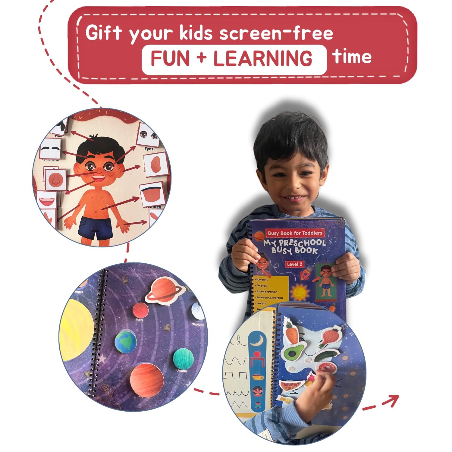 CocoMoco Kids My Preschool Busy Book For Toddlers Level 2 With Body Parts,Planets,Opposites,Emotions | Quiet Book For Kids Learning Toys For 3-5 Year Olds | Montessori Learning (Pack Of 5),Multicolor - Image 6