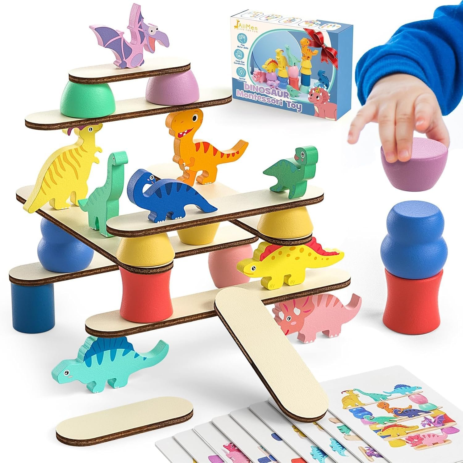 Montessori Dinosaur Toys for 1 2 3 4 Year Old Toddlers, Preschool Education Toys for Ages 2-4 Boys Girls Kids, Wooden Dinosaur Blocks Sorting & Stacking & Balance Toys,