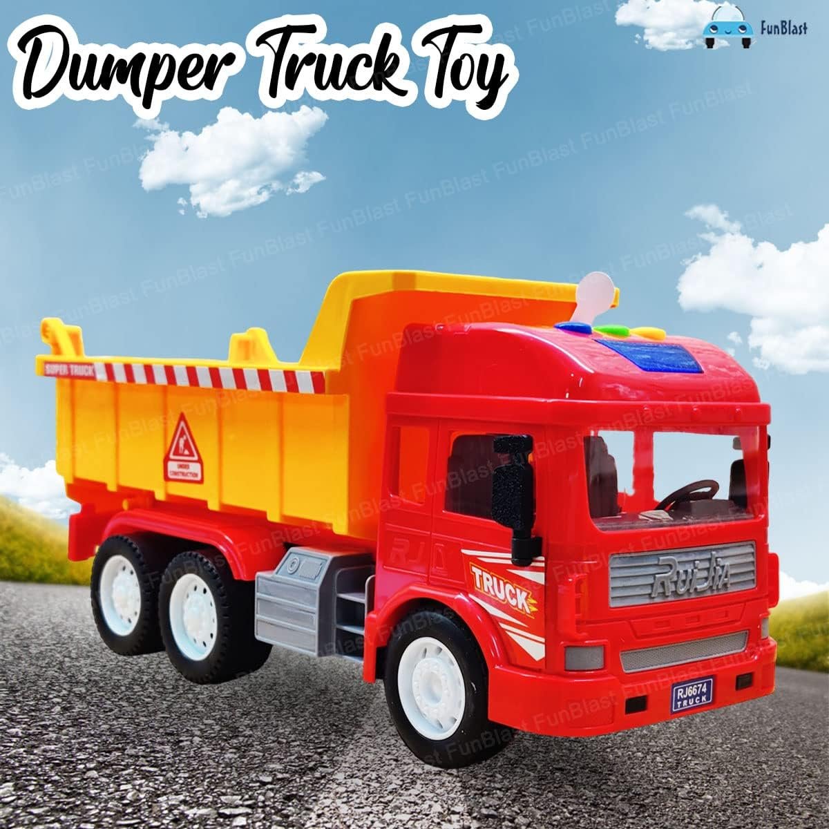 FunBlast Dumper Truck Toy, Pull Back Vehicles Dumper Toy for Kids, 6 Wheels Friction Power Toy Trucks for 3+ Years Old Boys and Girls, Light & Sound Truck Toy for Kids (Multicolor) - Image 4