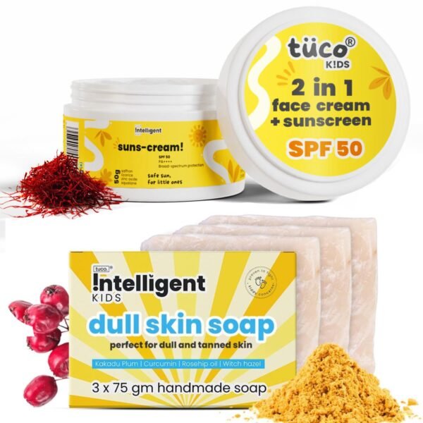 Tuco Kids Handmade Soap (75gx3) & Saffron Face Cream & Sunscreen (50g), Everyday Use for Ages 3+ Kids, Paraben & Sulphate Free - (Combo Pack of 4)