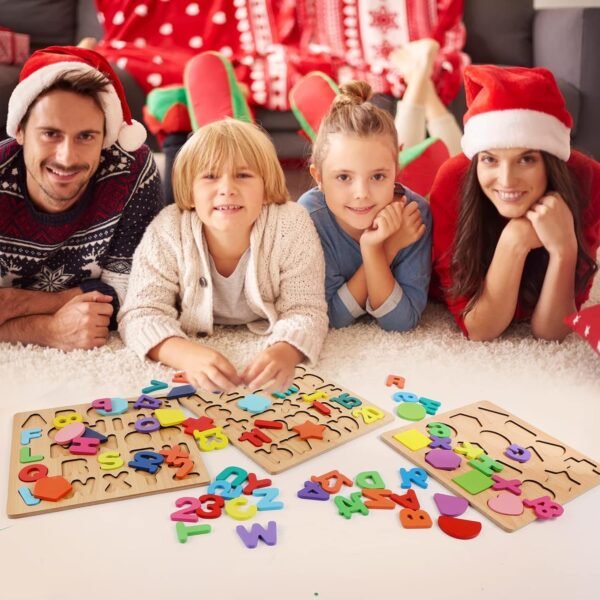 SHINETOY Wooden Puzzles for Toddlers, Wooden ABC Alphabet Number Shape Puzzles Toddler Learning Puzzle Toys for Kids 1-3 Years Old, 3 in 1 Early Education Gift for Kids - Image 2