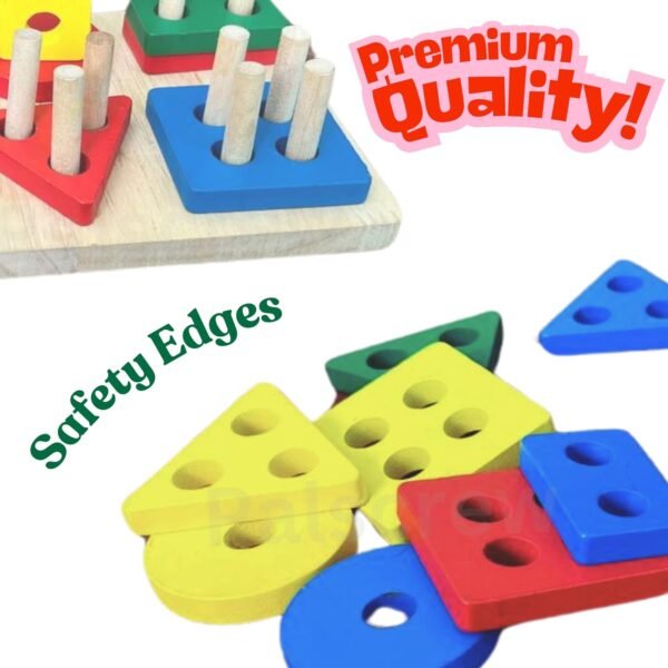 Wooden Square Base Geometric Blocks Four Shapes Four Colour Stacker Shape Sorter Column Puzzle for Kids Age 2-6 Years (Wooden Square Base Shapes) - Image 4