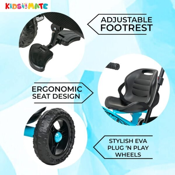 Kidsmate Xplorer 3-in-1 Tricycle for Kids | Durable Plug & Play Baby Trike with EVA Wheels, Safety Rail & Push Handle for Parents | Safe & Comfortable Ride for Toddlers 12-48 Months - Blue - Image 6