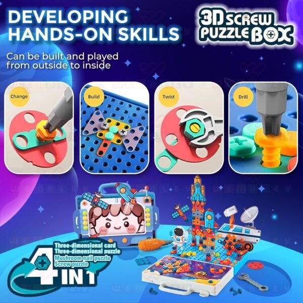 Wembley 4 in 1 Toy Drill Screw Tool Set for Kids 3 4 5 6 7+ 3D Puzzle Box STEM Learning DIY Building Block Kit Creativity Educational Construction Promotes Motor Skills - Space Theme - Image 4