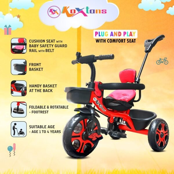 Tricycle for Kids with Comfy Seat - The Parent\'s Choice for 1-5 Years Old, 30kg Max, Luxurious & Durable Trike. Advanced Parental Control Handle and Safety Belt, Red - Image 4