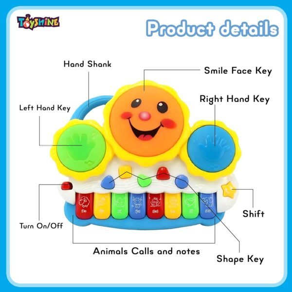 Toyshine Drum Keyboard Musical Toys with Flashing Lights, Animal Sounds and Songs, Multi Color - Image 3