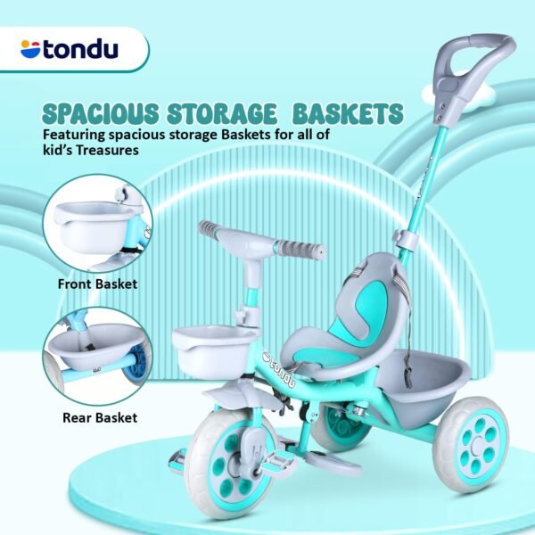TONDU Kiddo Tricycle for Kids/Baby with Storage Basket | Seat Belt with Parental Control Baby Tricycle (Sea Green) - Image 4