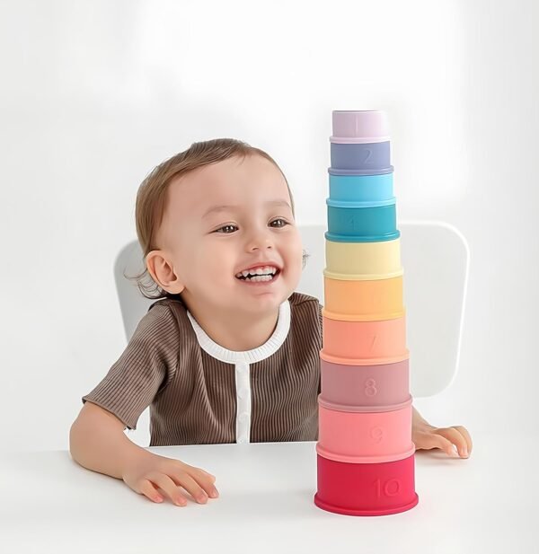 LilyTots™ Silicone Stacking Cups Toy | Soft Chewable Teething Baby Toys for 6 + months babies | 10 pcs Squeezable Stacker Activity for kids 0-3 years Learning & Develop kid\' Reasoning skills (10pcs)