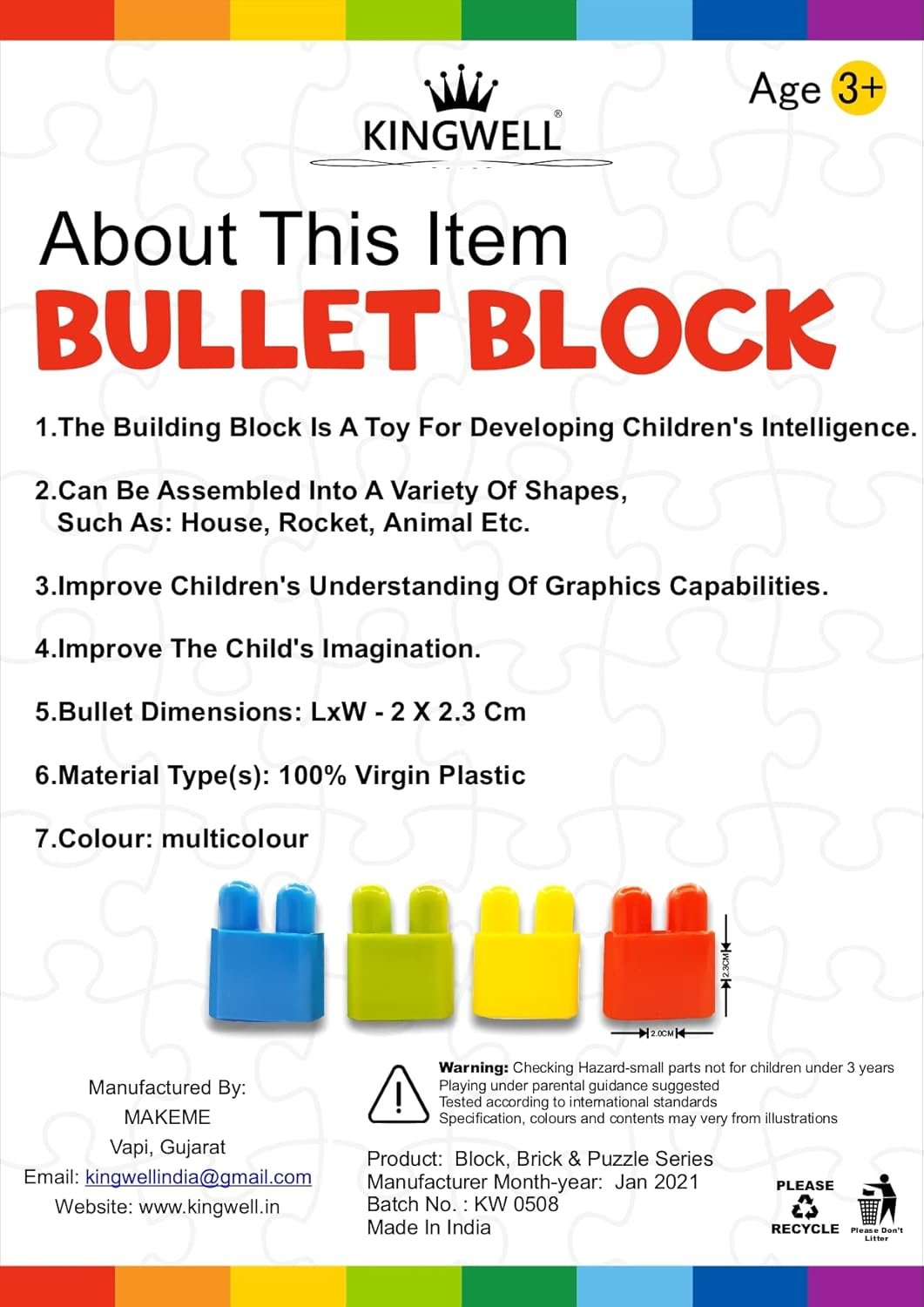 Kingwell 600+ Pcs Educational Toy for Kids Block Toy Set for Kids Bullet-Shaped Construction DIY Puzzle Plastic Assembly Stacking 3D Early Educational and Childhood Birthday Gift for Boys Girls 3-8 Years - Image 2