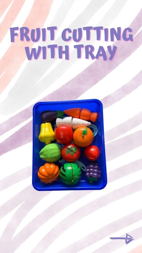 PLUSPOINT 14 PCS Cutting Play Food with Tray Toy for Kids Kitchen, Pretend Fruit &Vegetables Accessories Has 6 Fruits, 6 Vegetables,1 Board,1 Knife for Girls and Boys (Fruit Cut with Serving Tray) - Image 4