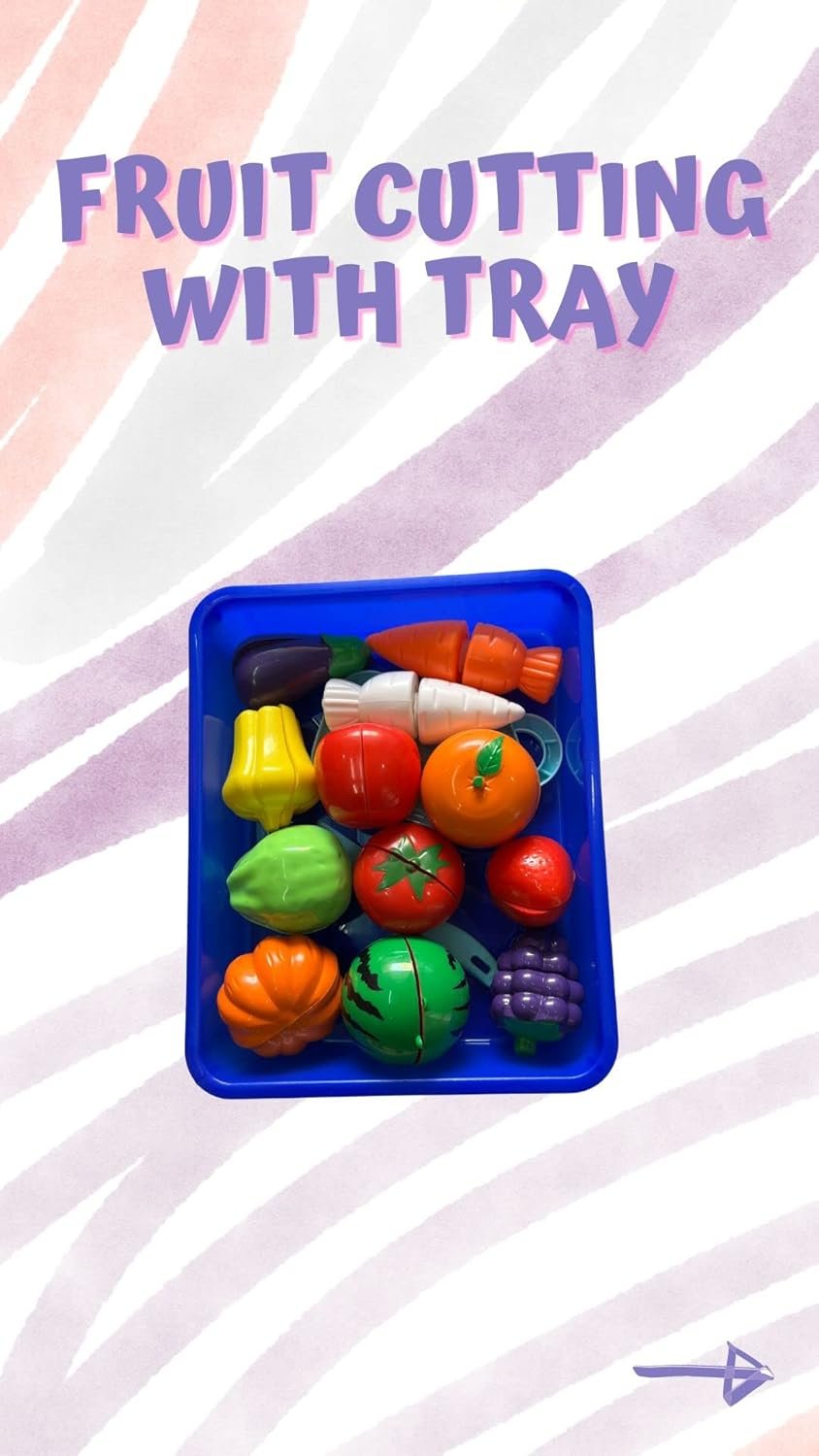 PLUSPOINT 14 PCS Cutting Play Food with Tray Toy for Kids Kitchen, Pretend Fruit &Vegetables Accessories Has 6 Fruits, 6 Vegetables,1 Board,1 Knife for Girls and Boys (Fruit Cut with Serving Tray) - Image 4
