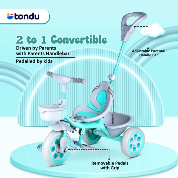 TONDU Kiddo Tricycle for Kids/Baby with Storage Basket | Seat Belt with Parental Control Baby Tricycle (Sea Green) - Image 5