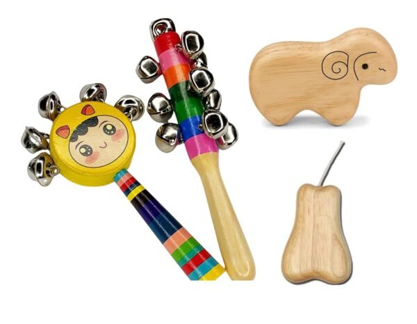 ECO-Friendly Toys Wooden Rattles Toys & Shakers for Baby/New-Born Infant Kids - Set of 4 pcs - Multicolor -Develops Sensory Skills