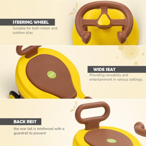 Baybee Astro Swing Car for Kids | Baby Push Ride on Toy with LED Lights, 360° Steering, Music & Backrest | Kids Car | Twister Rideons Baby Cars, Magic Cars for Kid 3 to 8 Years Boy Girl (Yellow/Brown) - Image 6