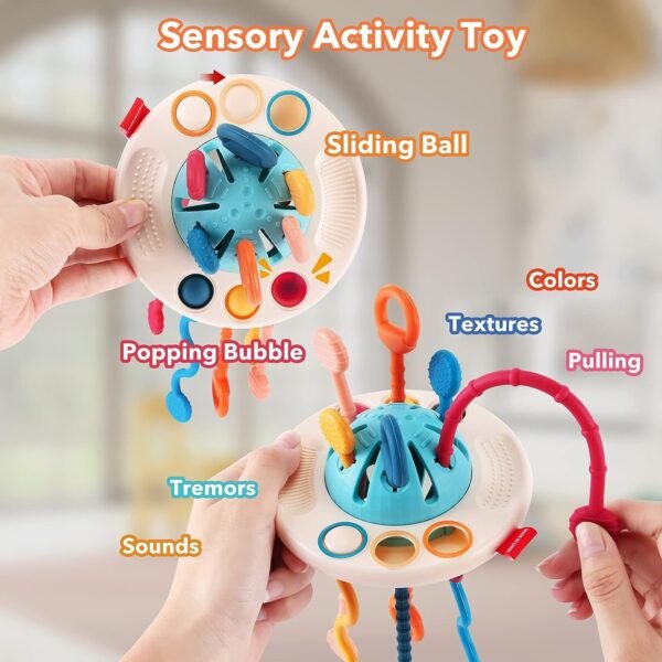 Kidology Soft Pull String Sensory Teething Toy for Babies 6 months & above | Food Grade Silicone teether | Montessori toys for travel | Fine Motor Skills, Fun activity for Toddlers (UFO), Multicolor - Image 4