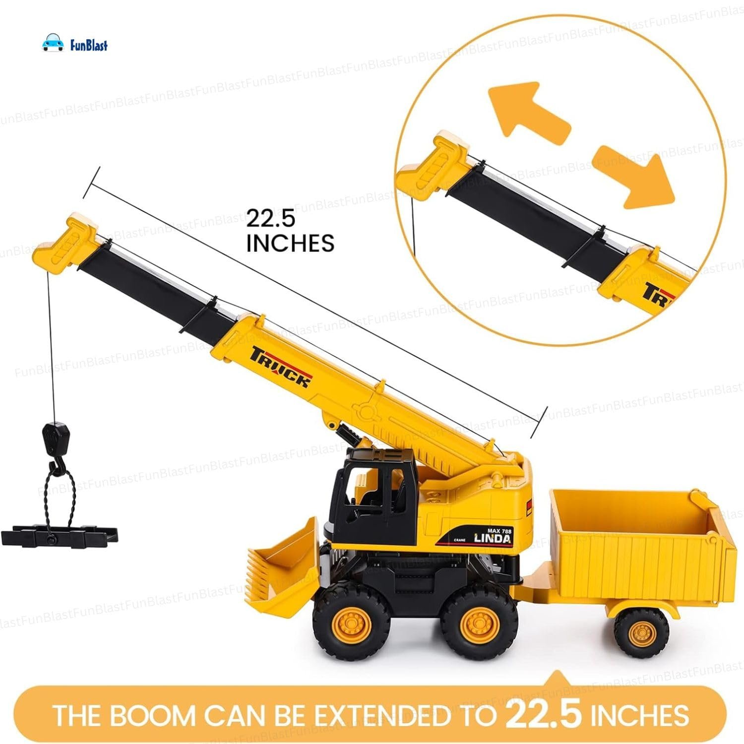 FunBlast Crane Truck Toy, Pull Back Long Vehicles Tow Crane Toy with Trolley for Kids, Friction Power Toy Trucks for 3+ Years Old Kids, Light & Sound Truck Toy for Kids, Toys for Boys (Crane) - Image 3