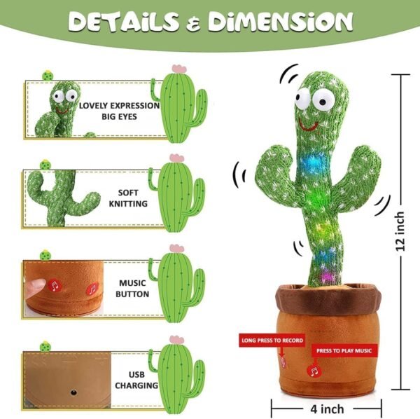 Shri Shyam Traders Dancing Cactus Talking Toy Children Plush Speaking Toys for Kids 1 2 3+ Year Old Boy Girl Recording Repeat Gift Interactive Electronic Toys Rechargeable Wriggle & Singing Funny - Image 3