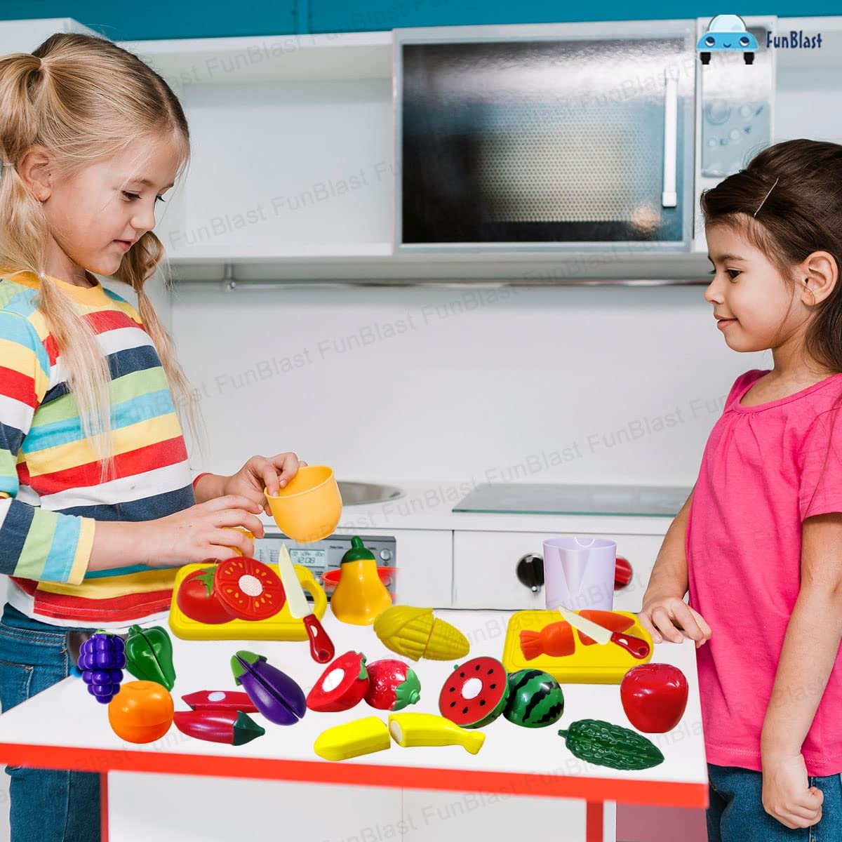 FunBlast Fruits and Vegetables Play Set Toys - Realistic Sliceable Cutting Fruits and Vegetable Pretend Play Kitchen Toys for Kids, Play Food Toys, Fruit Vegetable Toys with Chopping Board & Knife - Image 2