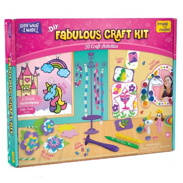 Imagimake Fabulous Craft Kit – 5-in-1 Arts & Crafts Set for Kids – Glass Painting, Paper Quilling, Stamp Art & More – Fun DIY Gift for Girls Ages 5-9