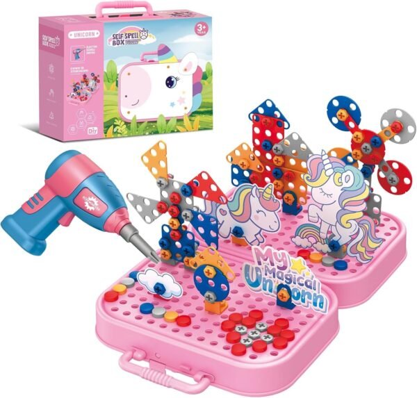 Creative Drill Toys for 3-5 Year Old Boys and Girls - Construction Building 3D Puzzle Kit with Pegboard Box - Take Apart STEM DIY Educational Drill Set - Fun Gift for Kids (Unicorn)