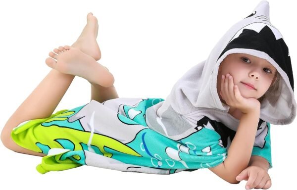 Hooded Poncho Towel for Kids | Double Side Terry | Printed Cape Towels for Kids (Sharky) - Image 2