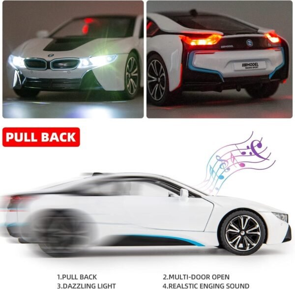 BMW I8 CAR Toy Car Metal Pull Back Diecast Car with Openable Door and Sound Light, Gifts Toys for Kids (Kids Toy Metal car White) - Image 5