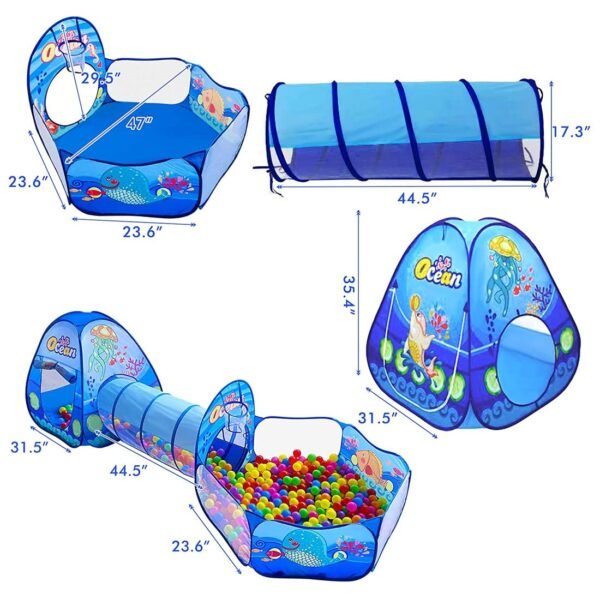 Wembley 3-In-1 Ocean Ball Pool Tunnel For Kids 1-5 Years Girls Boys Toddlers Ball Pit Foldable Tent House For Kids Activity Indoor Outdoor Toys - Balls Not Included,Blue - Image 2