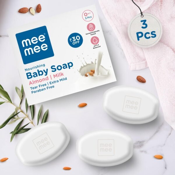 Mee Mee Gentle Baby Soap 75g (Pack of 3) | Gentle Bathing Bar Infused with Chamomile, Olive, Almond Oil, and Milk Extracts | Dermatologist Tested for Soft Baby Skin | Tear-Free Formula | Paraben Free - Image 2