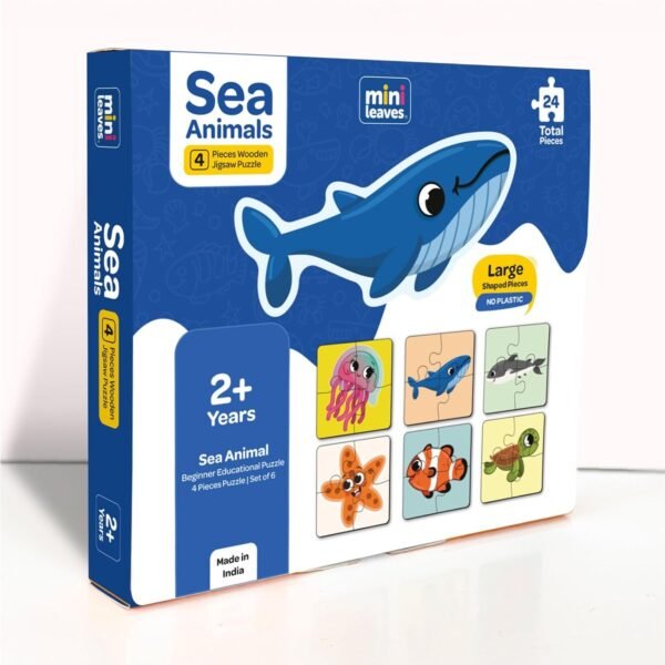 4 Piece Wooden Sea Animals Jigsaw Puzzle, Kids Toys for 2-5 Years Boy, Safe & Durable Educational Montessori Toy, Puzzles for Kids and Toys for 2+ Year Old Boy