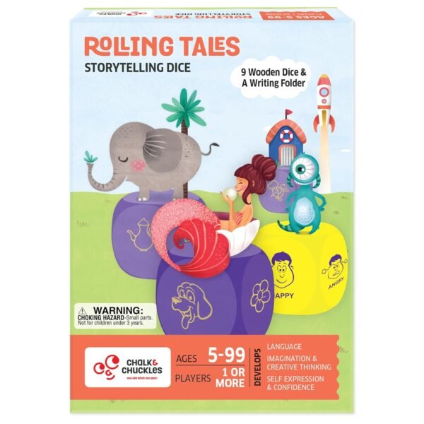 Chalk and Chuckles Rolling Tales, Story Telling Wooden Dice Cubes Age 5-99 Years Old, Learning and Education Game, Birthday Gifts for Boys and Girls