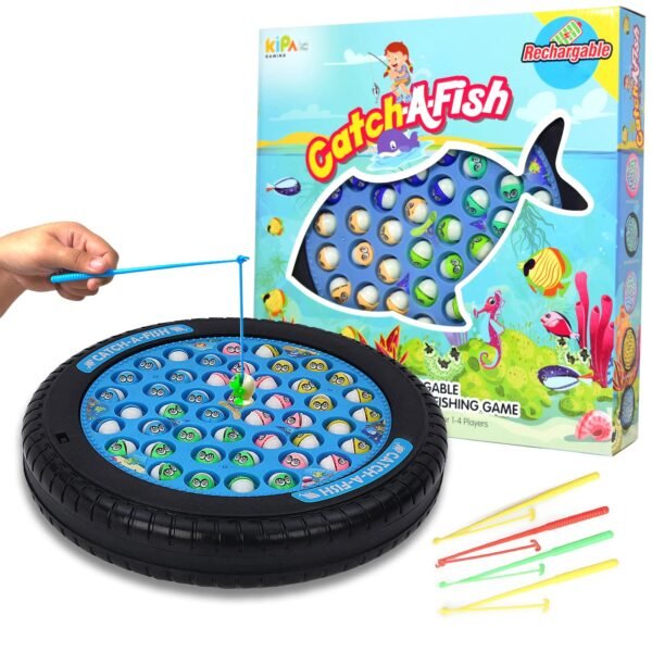 KIPA GAMING Rechargeable Dark Blue Fish Catching Game, 45 Fishes with Big Round Pond & Fish 2 Catching Sticks for Kids Girls Boys Toddlers Age 2 3 4 5 6 7 8 9 Years