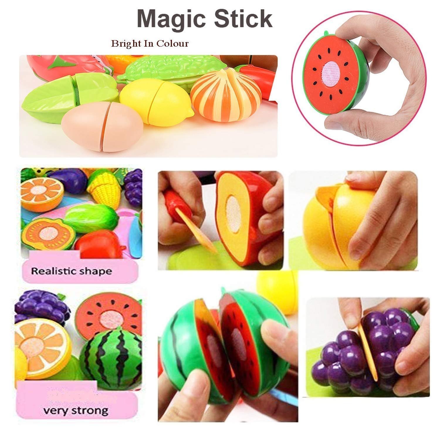 PLUSPOINT 14 PCS Cutting Play Food with Tray Toy for Kids Kitchen, Pretend Fruit &Vegetables Accessories Has 6 Fruits, 6 Vegetables,1 Board,1 Knife for Girls and Boys (Fruit Cut with Serving Tray) - Image 5
