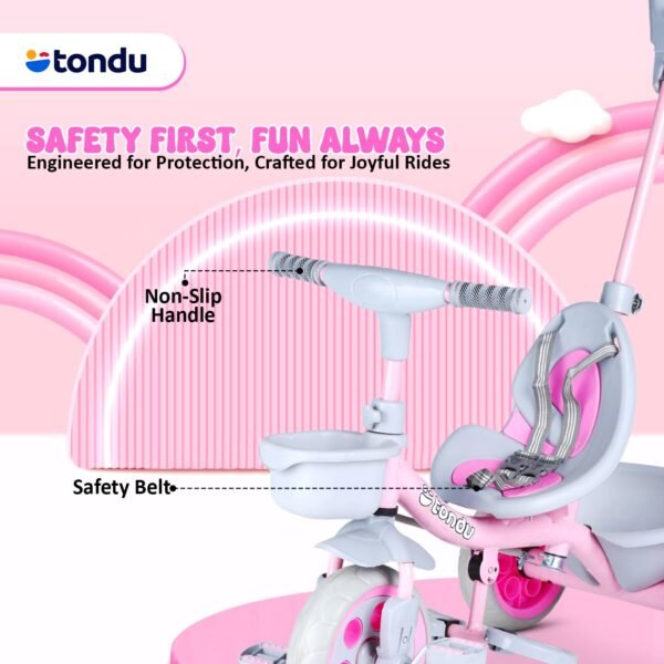 TONDU Kiddo Tricycle for Kids/Baby with Storage Basket | Seat Belt with Parental Control Baby Tricycle (Pink) - Image 6