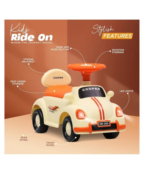 Car Ride-On for Kids with Headlights Music Under Seat Storage Big Wheels and Push Handle Ideal Ride-On for 1+ Years Kids 20kg Capacity Durable Blue Baby Toy Car Yellow - Image 3