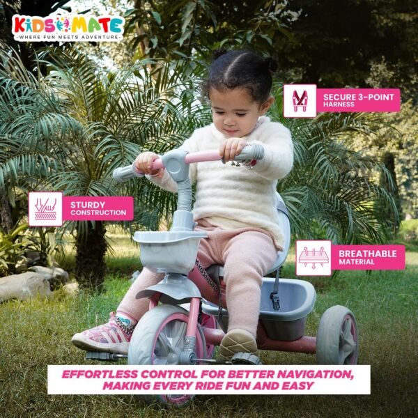 Kidsmate Starlight Premium Cycle for Kids Cycle 2-5 Years - Tricycles for Boy&Girl - Baby Cycle -Bicycle for Kids| Bike for Kids with Eva Wheel,Bell&Basket for Toys -Tricycle 30Kg Capacity (Pink) - Image 5