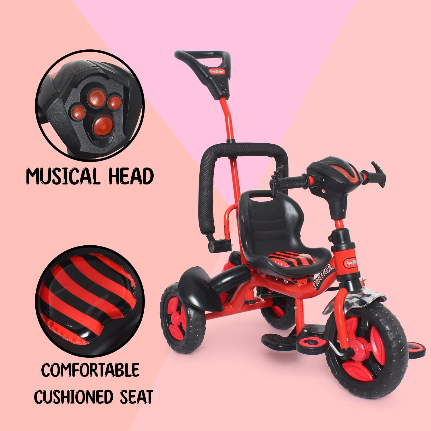 Fun Ride Kid\'s Tricycle Panther 2in1 for 1 to 5 Years - Plug and Play Baby Trike with Music and Lights with Removable Parental Control Handle - Red (Weight - Upto 25 Kg) - Image 6