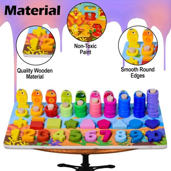 WISHKEY Wooden 6 in 1 Multifunctional Learning Board Puzzle, Numbers, Shapes, Fishing Game, Stacking, Montessori Game Educational Toys for Kids, Multicolour, 3+ Years (Pack of 1) - Image 4