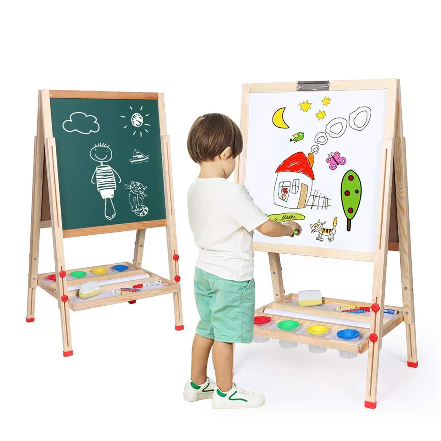 Kids Art Easel,Whiteboard and Chalkboard Easel for Kids, 0.8 Inch Thick Wood Frame and Adjustable Height, All Accessories Include