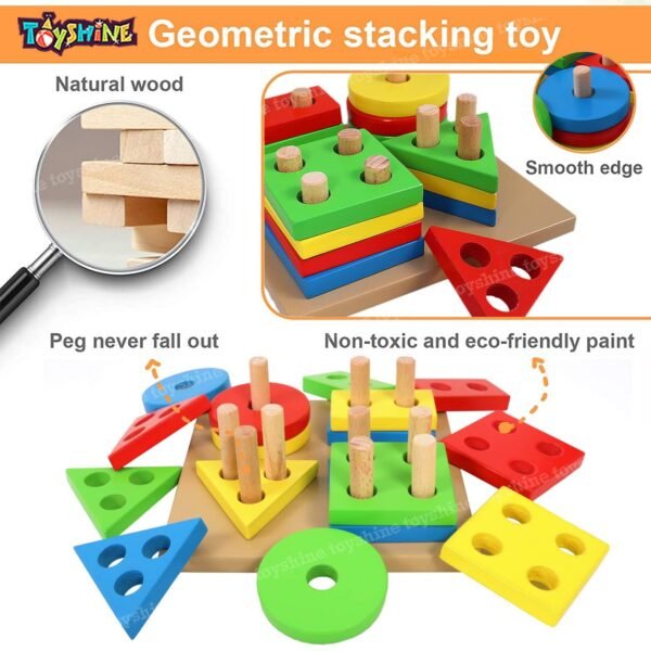 Toyshine Wooden Building Blocks Shapes Square Column Blocks Sorting & Stacking Toys For Kids Toddlers For 1 2 3 Year Old -Multi Color,1 Piece - Image 4
