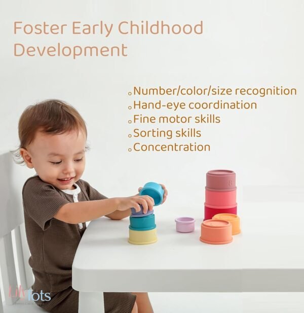 LilyTots™ Silicone Stacking Cups Toy | Soft Chewable Teething Baby Toys for 6 + months babies | 10 pcs Squeezable Stacker Activity for kids 0-3 years Learning & Develop kid\' Reasoning skills (10pcs) - Image 3
