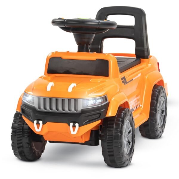 Baybee Speedy Ride on Baby Car for Kids | Ride on Toys Car with Music & LED Light | Portable Push Ride on Jeep with Backrest & Storage Basket | Kids Car to Drive 1-3 Years Boys Girls (Orange II)