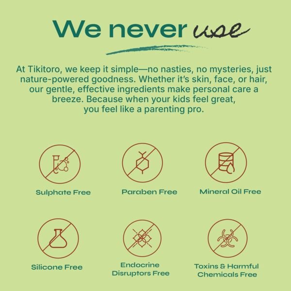 Tikitoro Kids Conditioning Shampoo for 4-10 years | pH 5.5 & Allergen-Free | Moringa, Rice Protein, Sacred Lotus Extract | No Parabens or Sulfates | 100% Vegan (300ml x 1) - Image 5